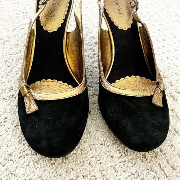 Enzo Angiolini Black Suede Leather Slingback Heels Sz 9.5 Pump Gold Metallic Bow - Picture 4 of 10